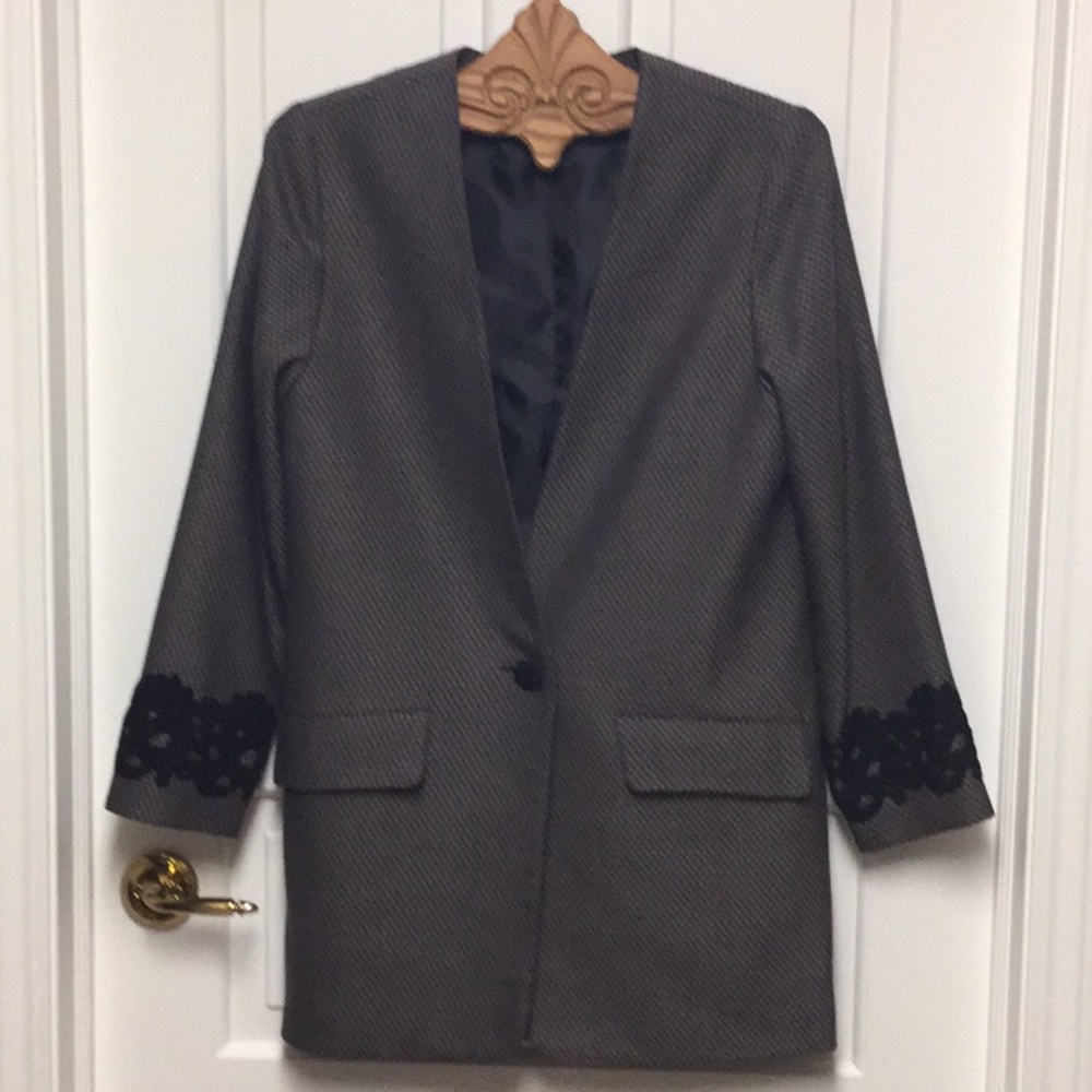 ELEANOR BRENNER Designer Wool Jacket Size 6 Lace Sleeve Trim